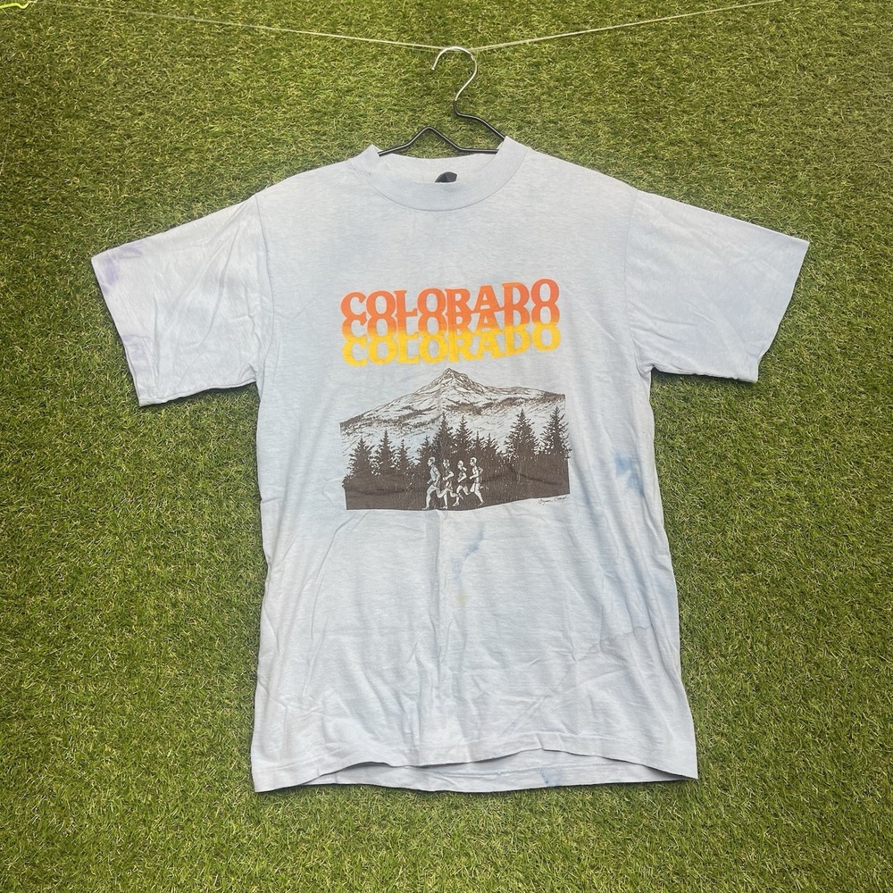 Vintage 80s Colorado Graphic T Shirt Mens Medium Blue Retro Mountain Nature USA